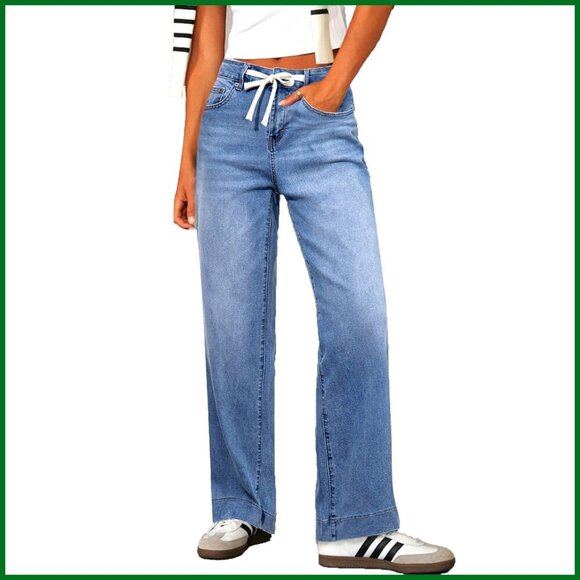 Denim - High Waisted Wide Leg Jeans Stretchy Straight Leg Baggy Drawstring Denim Pants